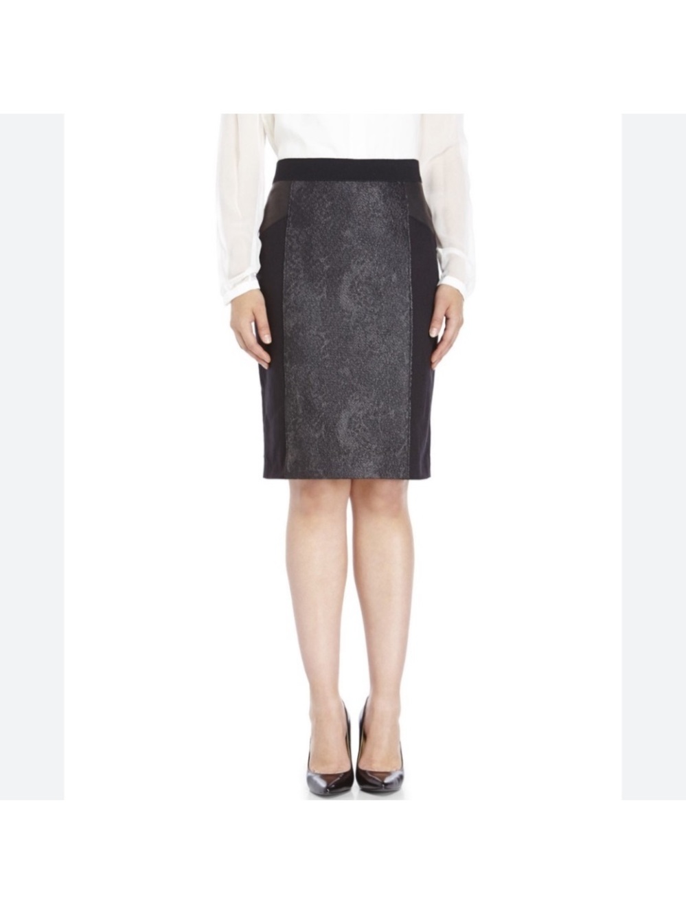 Elie Tahari Valeria Lamb Leather Panel Pencil Skirt Size: 4 Length: 20.5”
